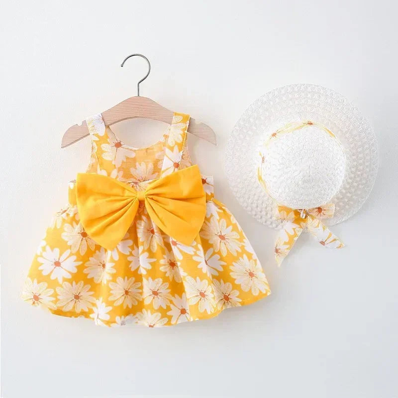 Vestido de Verão para Meninas com Estampa Floral, Estilo Delicado e Fresco para o Dia a Dia, Vestido de Princesa Doce com Laço. 0 - 3 anos