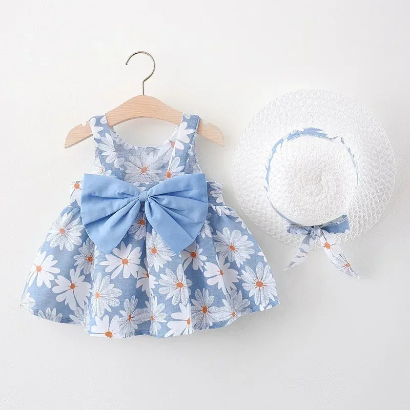 Vestido de Verão para Meninas com Estampa Floral, Estilo Delicado e Fresco para o Dia a Dia, Vestido de Princesa Doce com Laço. 0 - 3 anos